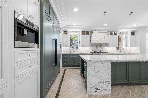 Interior, Kitchen, Marble Walls, Recessed Lighting, Stainless Steel Appliances, Wood Texture Flooring
