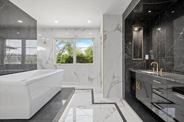Bathroom, Free Standing Baths, Glass Shower, Interior, Marble, Marble Walls, Recessed Lighting