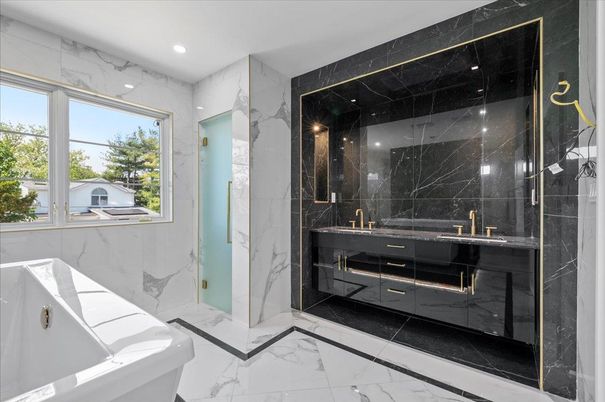 Bathroom, Dual Sink Vanities, Glass Shower, Interior, Marble, Marble Walls, Recessed Lighting