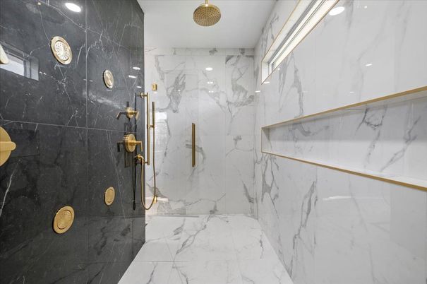 Bathroom, Glass Shower, Interior, Marble, Marble Walls, Recessed Lighting