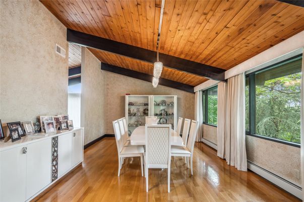 Dining room, Interior, Pendant Lights, Wooden Beams, Wooden Ceilings, Wood Texture Flooring