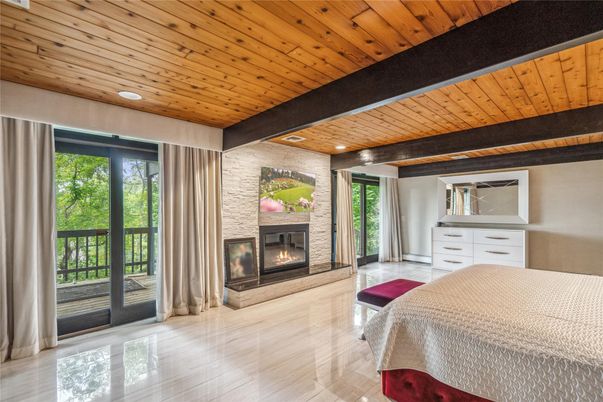 Bedroom, Fireplace, Interior, Recessed Lighting, Stone Walls, Wooden Beams, Wooden Ceilings
