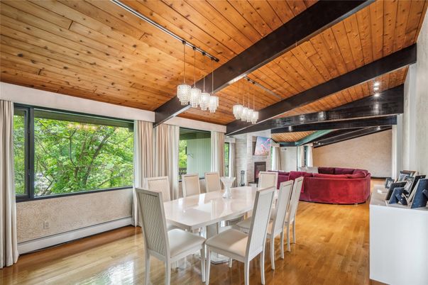 Chandelier, Dining room, Interior, Living room, Wooden Beams, Wooden Ceilings, Wood Texture Flooring