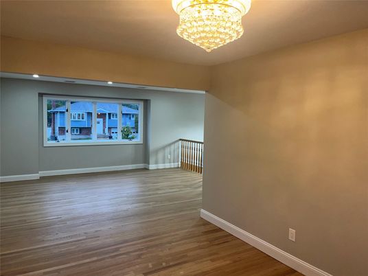 Chandelier, Empty room, Interior, Recessed Lighting, Wood Texture Flooring