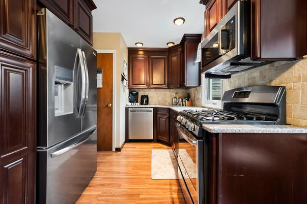 Interior, Kitchen, Recessed Lighting, Stainless Steel Appliances, Wood Texture Flooring
