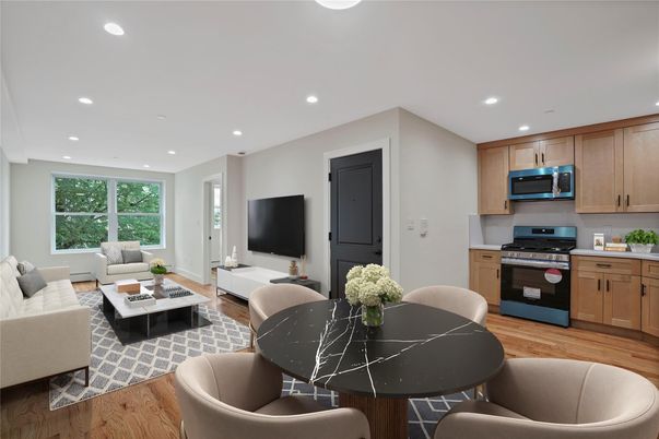 Dining room, Interior, Kitchen, Living room, Recessed Lighting, Stainless Steel Appliances, Wood Texture Flooring