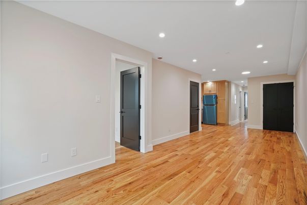 Empty room, Interior, Kitchen, Recessed Lighting, Wood Texture Flooring