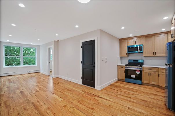 Interior, Kitchen, Recessed Lighting, Stainless Steel Appliances, Wood Texture Flooring