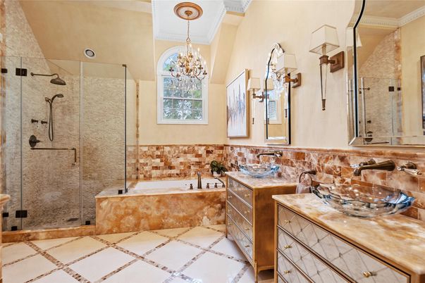 Bathroom, Chandelier, Dual Sink Vanities, Glass Shower, Interior