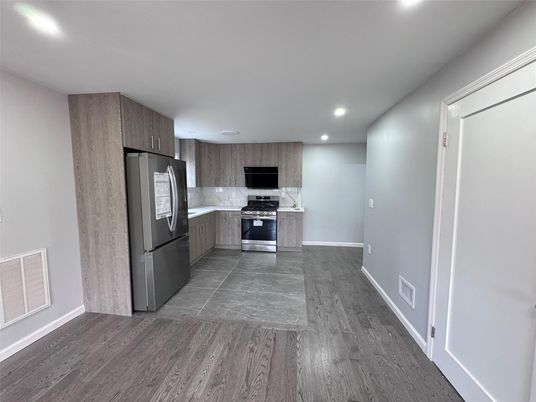 Interior, Kitchen, Recessed Lighting, Stainless Steel Appliances, Wood Texture Flooring