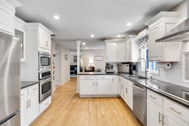 Interior, Kitchen, Recessed Lighting, Stainless Steel Appliances, Wood Texture Flooring