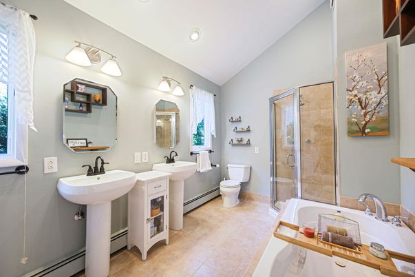 Bathroom, Dual Sink Vanities, Glass Shower, Interior, Recessed Lighting