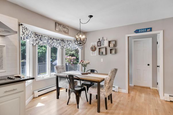 Dining room, Interior, Pendant Lights, Wood Texture Flooring