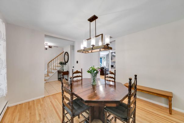 Dining room, Interior, Pendant Lights, Wood Texture Flooring