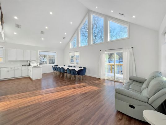 Dining room, Interior, Kitchen, Living room, Recessed Lighting, Wood Texture Flooring