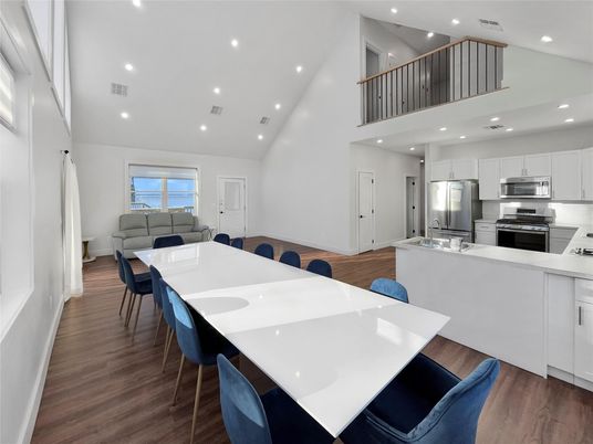 Dining room, Interior, Kitchen, Recessed Lighting, Stainless Steel Appliances, Wood Texture Flooring