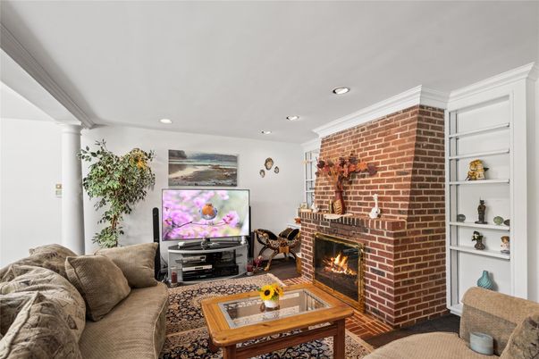 Fireplace, Interior, Living room, Recessed Lighting, Stone Walls