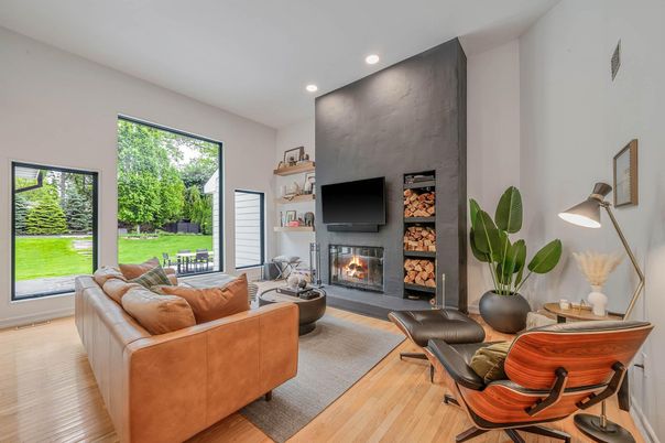 Fireplace, Interior, Living room, Recessed Lighting, Wood Texture Flooring