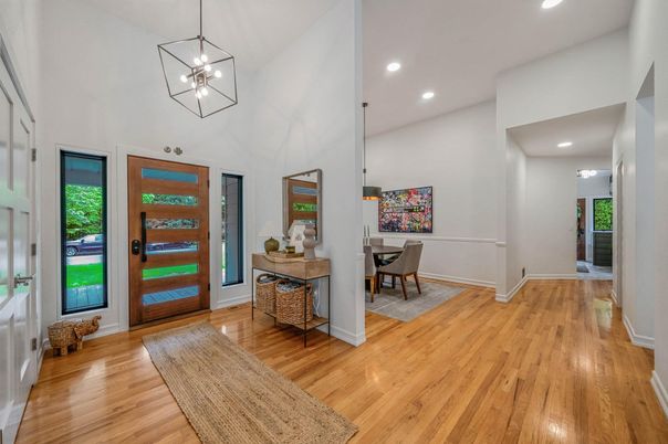 Dining room, Interior, Pendant Lights, Recessed Lighting, Wood Texture Flooring