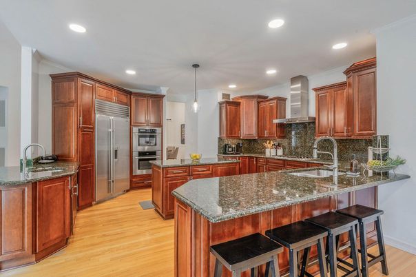 Interior, Kitchen, Pendant Lights, Recessed Lighting, Stainless Steel Appliances, Wood Texture Flooring