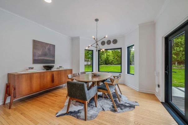 Dining room, Interior, Pendant Lights, Recessed Lighting, Wood Texture Flooring