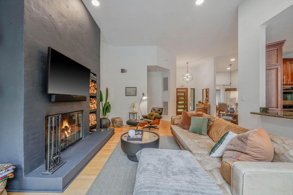 Dining room, Fireplace, Interior, Living room, Pendant Lights, Recessed Lighting, Wood Texture Flooring