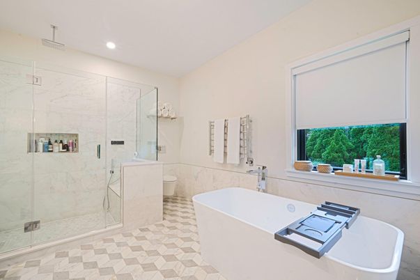 Bathroom, Free Standing Baths, Glass Shower, Interior, Marble Walls, Recessed Lighting