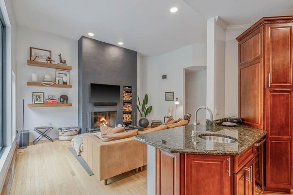 Fireplace, Interior, Living room, Recessed Lighting, Wood Texture Flooring