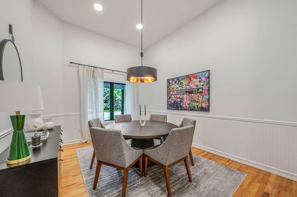 Dining room, Interior, Pendant Lights, Recessed Lighting, Wood Texture Flooring