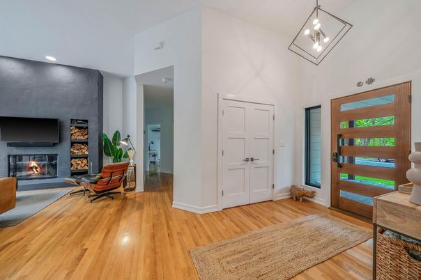 Fireplace, Interior, Pendant Lights, Recessed Lighting, Wood Texture Flooring