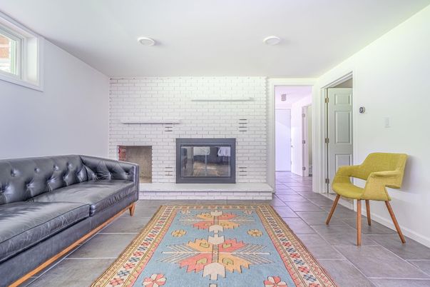 Fireplace, Interior, Recessed Lighting, Stone Walls