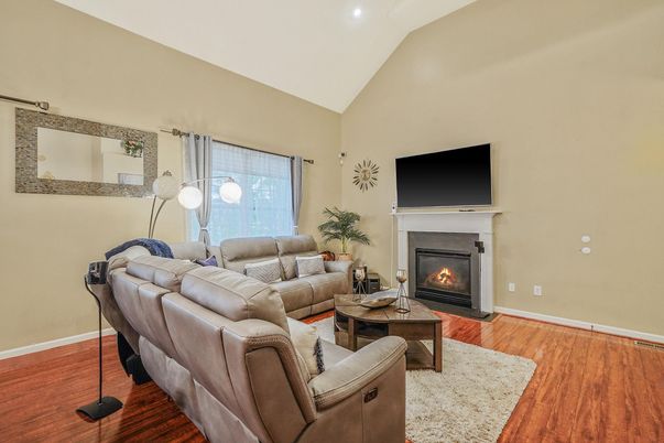 Fireplace, Interior, Living room, Recessed Lighting, Wood Texture Flooring