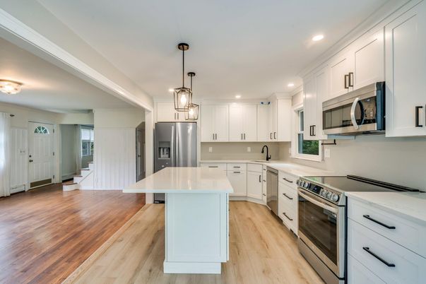 Interior, Kitchen, Pendant Lights, Recessed Lighting, Stainless Steel Appliances, Wood Texture Flooring