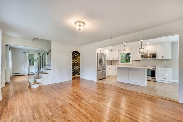 Interior, Kitchen, Pendant Lights, Stainless Steel Appliances, Wood Texture Flooring