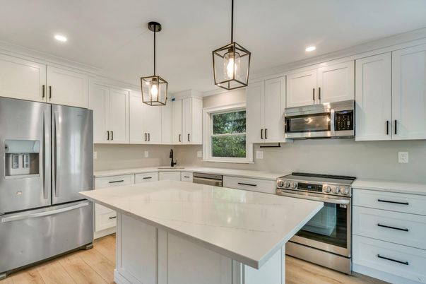 Interior, Kitchen, Pendant Lights, Recessed Lighting, Stainless Steel Appliances, Wood Texture Flooring