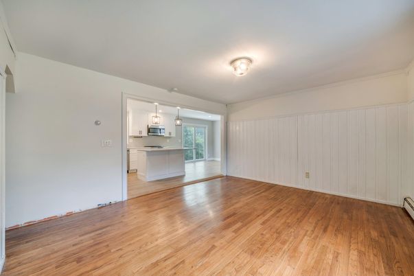 Empty room, Interior, Kitchen, Pendant Lights, Wood Texture Flooring