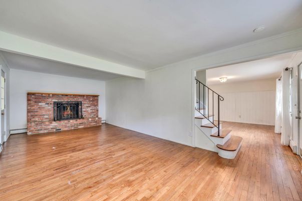 Empty room, Fireplace, Interior, Stone Walls, Wood Texture Flooring