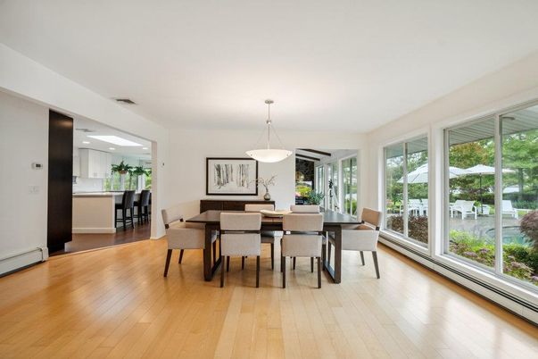 Dining room, Interior, Pendant Lights, Recessed Lighting, Wood Texture Flooring