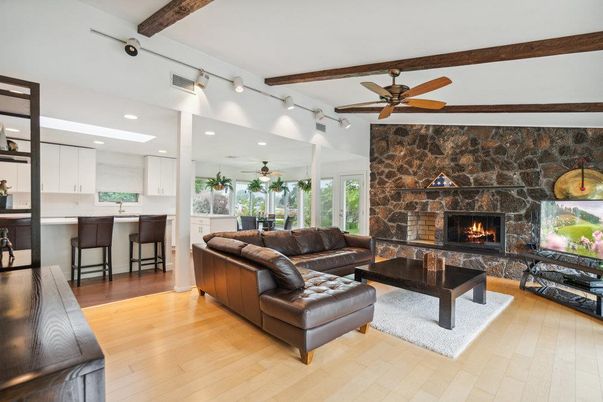 Fireplace, Interior, Kitchen, Living room, Recessed Lighting, Stone Walls, Wooden Beams, Wood Texture Flooring