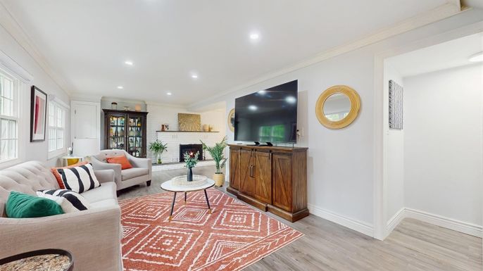 Fireplace, Interior, Living room, Recessed Lighting, Wood Texture Flooring