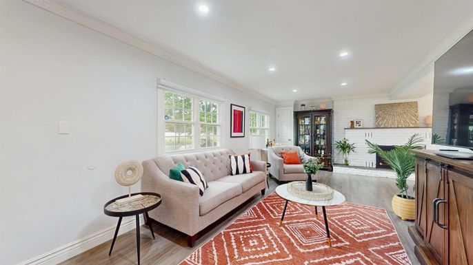 Fireplace, Interior, Living room, Recessed Lighting, Wood Texture Flooring
