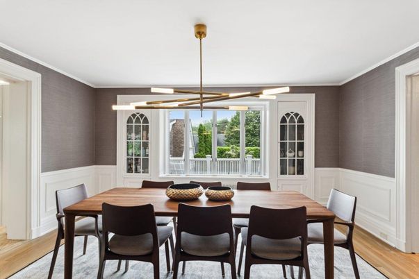 Dining room, Interior, Pendant Lights, Wood Texture Flooring