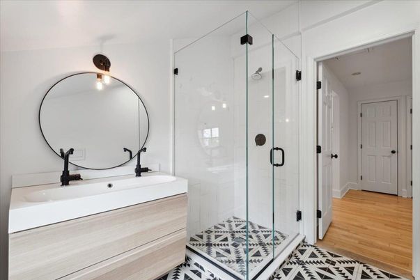 Bathroom, Glass Shower, Interior, Wood Texture Flooring