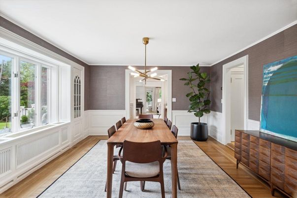 Dining room, Interior, Pendant Lights, Wood Texture Flooring