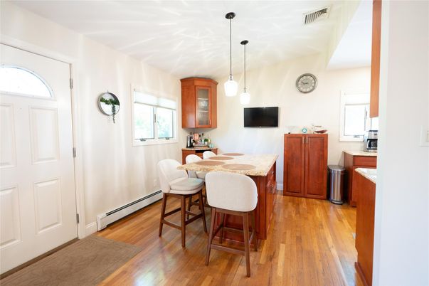 Dining room, Interior, Pendant Lights, Wood Texture Flooring