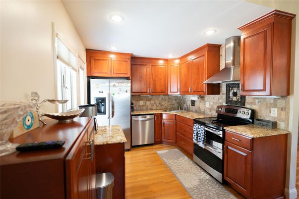 Interior, Kitchen, Recessed Lighting, Stainless Steel Appliances, Wood Texture Flooring