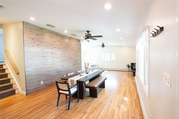 Dining room, Interior, Recessed Lighting, Wood Texture Flooring, Wooden Walls