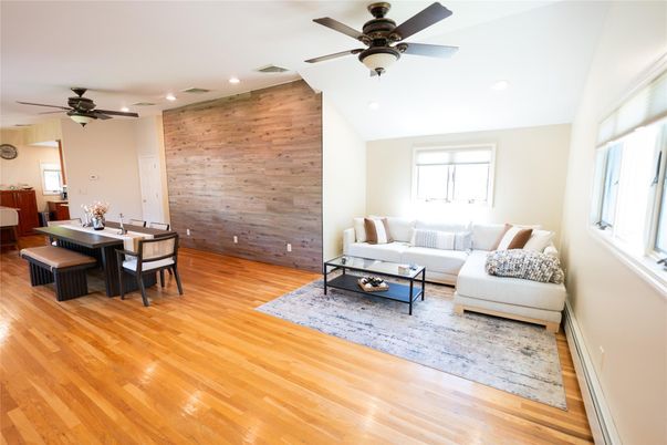Dining room, Interior, Living room, Recessed Lighting, Wood Texture Flooring, Wooden Walls
