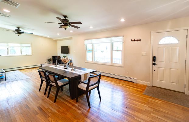 Dining room, Interior, Recessed Lighting, Wood Texture Flooring