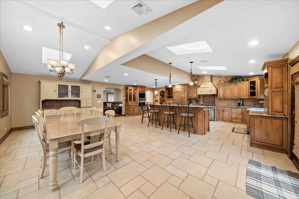 Chandelier, Dining room, Fireplace, Interior, Kitchen, Pendant Lights, Recessed Lighting